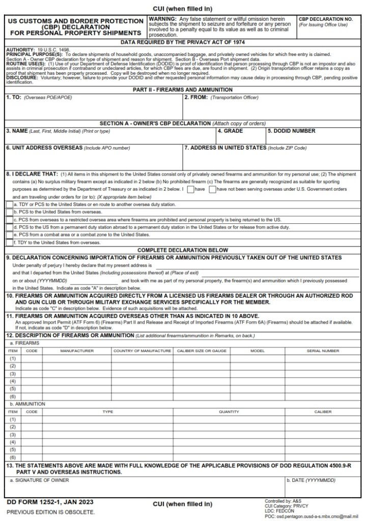 DD Form 1252 - U.S. Customs And Border Protection (CBP) Declaration For ...