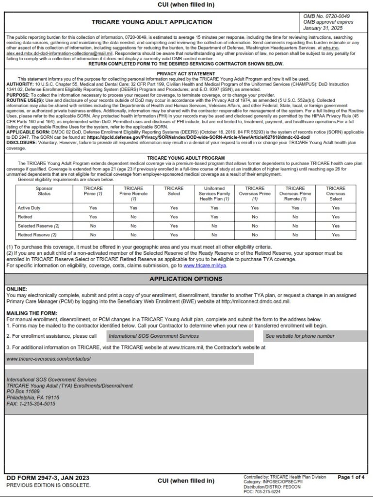 DD Form 2947-3 - TRICARE Young Adult Application (OVERSEAS) - | Free ...