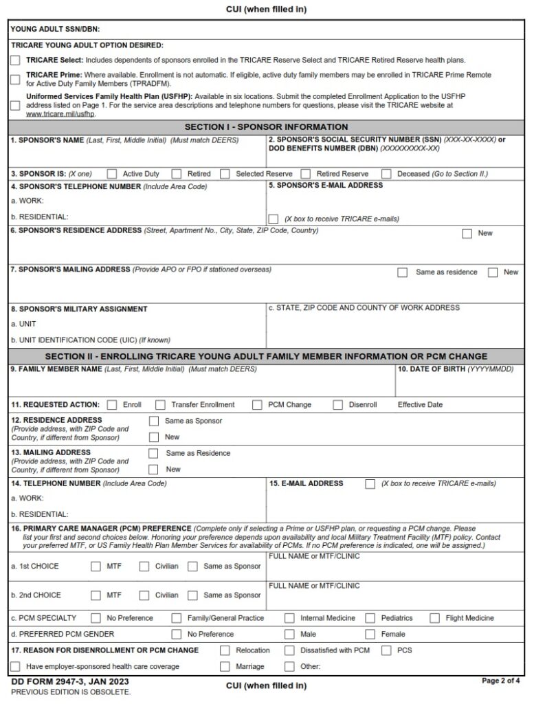 DD Form 2947-3 - TRICARE Young Adult Application (OVERSEAS) - | Free ...