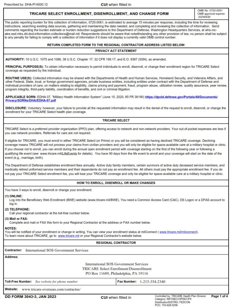 DD Form 3043-3 - TRICARE Select Enrollment, Disenrollment, And Change ...