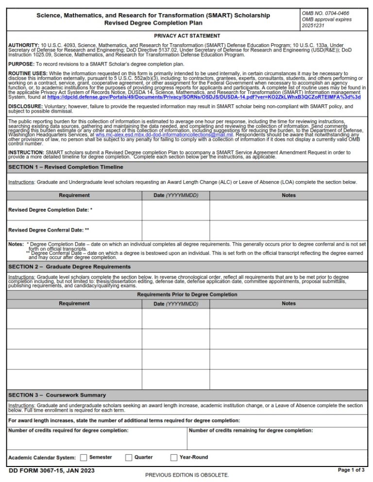 DD Form 3067-15 - SMART Scholarship Revised Degree Completion Plan ...