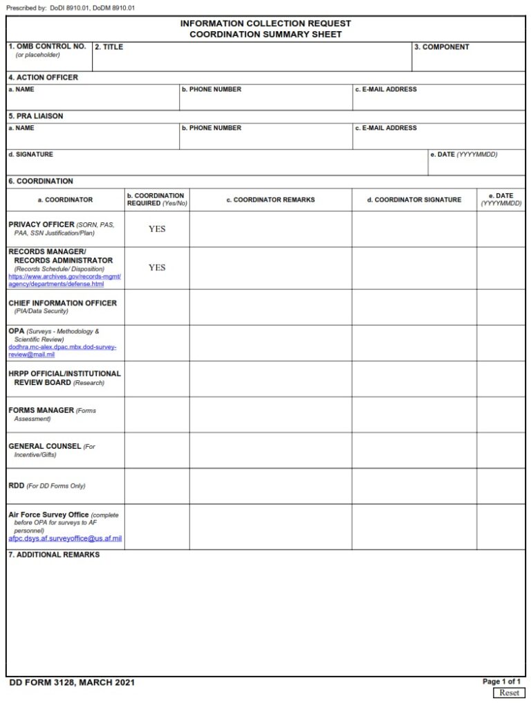 DD Form 3128 - Information Collection Request Coordination Summary ...