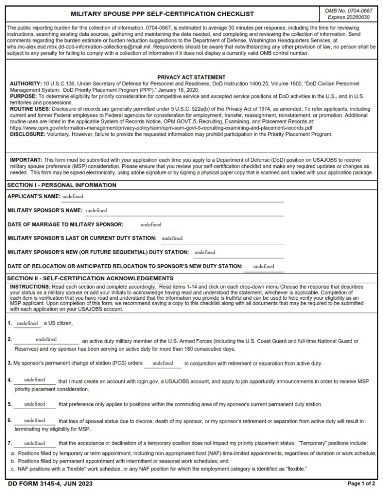 DD Form 3145-4 - Military Spouse PPP Self-Certification Checklist ...