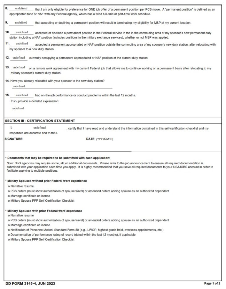 DD Form 3145-4 - Military Spouse PPP Self-Certification Checklist ...