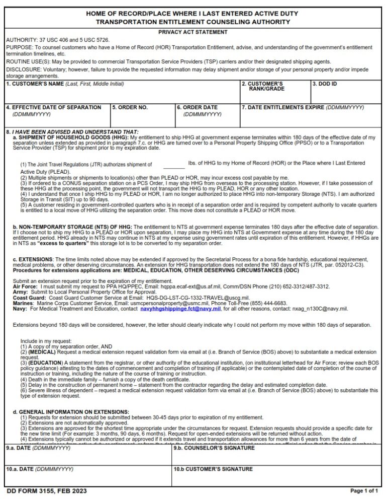 DD Form 3155 - Home Of Record/Place Where I Last Entered Active Duty ...