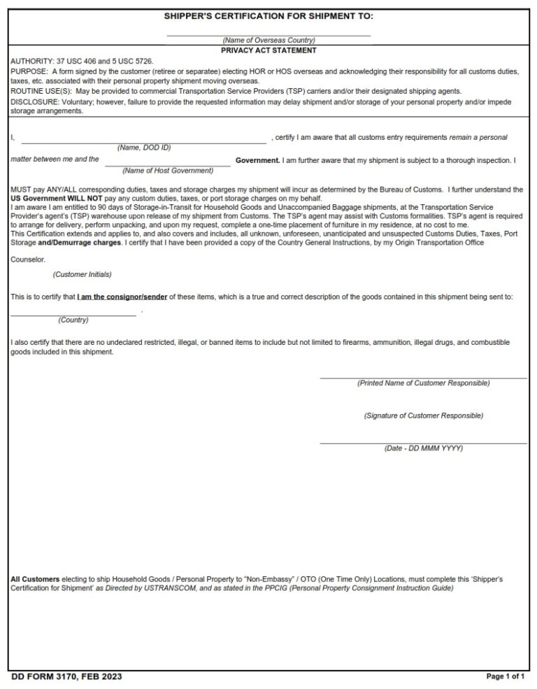 Dd Form 3170 - Shipper's Certification For Shipment 