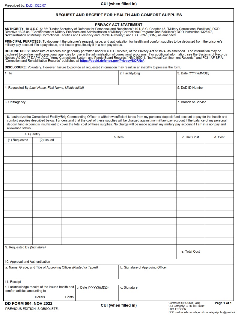 DD Form 504 - Request And Receipt For Health And Comfort Supplies ...