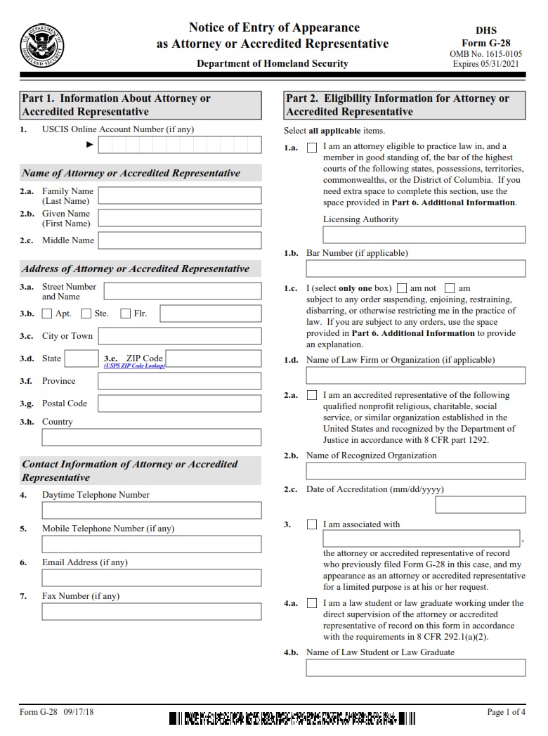 G-28 Form - Page 1