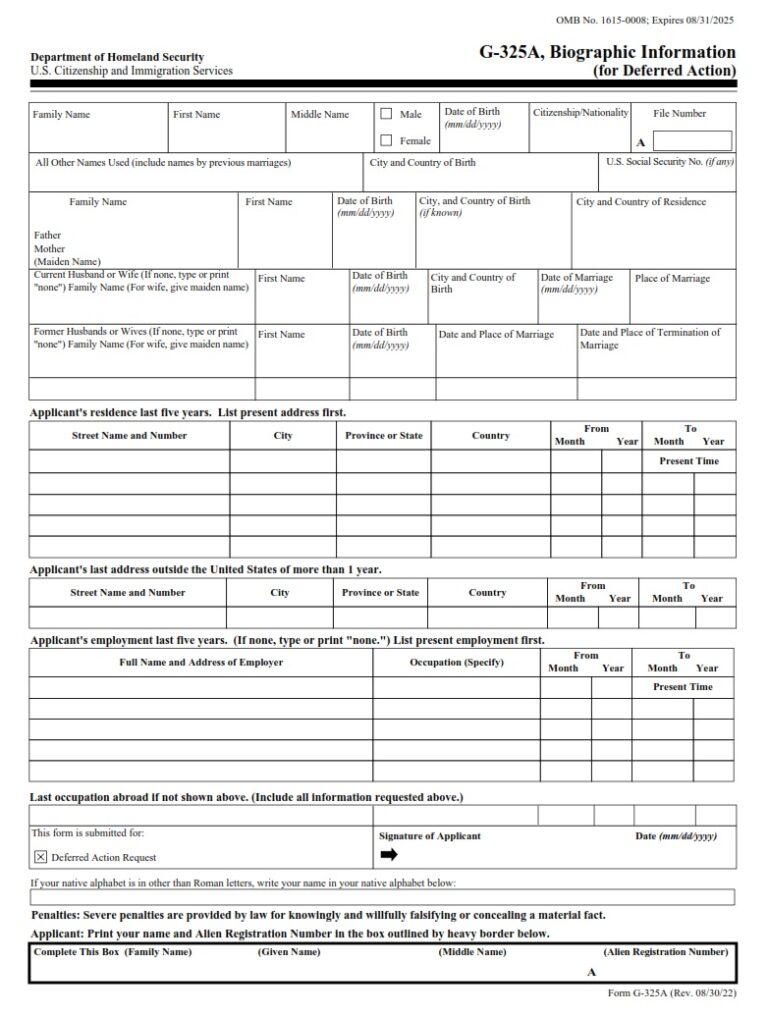 G-325A Form - Biographic Information (for Deferred Action) | Free ...