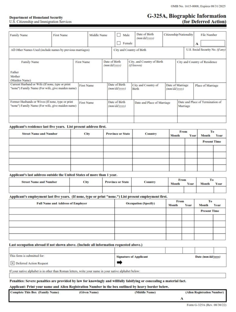 G-325a Form - Biographic Information (for Deferred Action) 