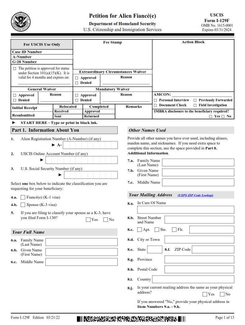 I-129F Form - Page 1