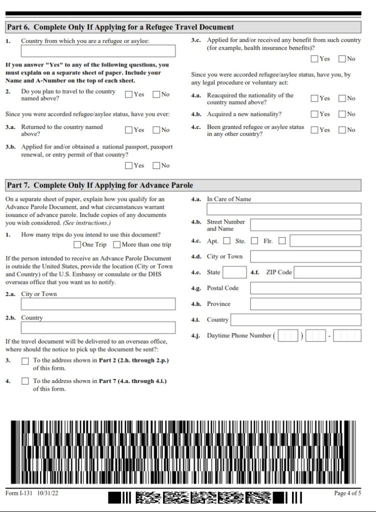 I131 Form Application For Travel Document Free Online Forms