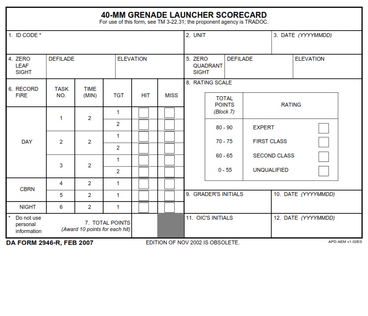 DA Form 2946-R - 40-MM Grenade Launcher Scorecard | Free Online Forms