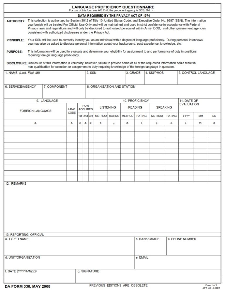 Da Form 330 - Language Proficiency Questionnaire 