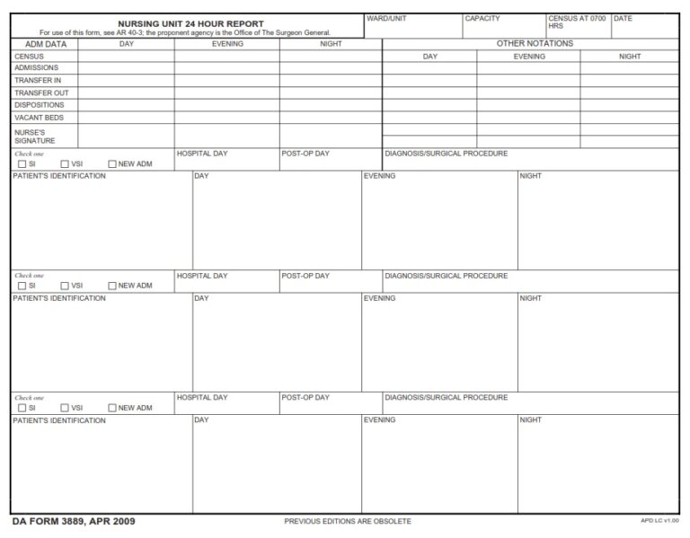 Da Communication Report DA Form 3889 - Nursing Unit 24-Hour Report | Free Online Forms