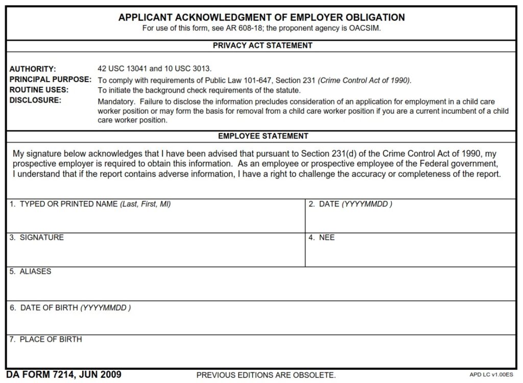 DA Form 7214 Applicant Acknowledgement Of Employer Obligation Free