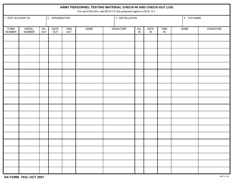 DA Form 7633 - Army Personnel Testing Material Check-In And Check-Out ...