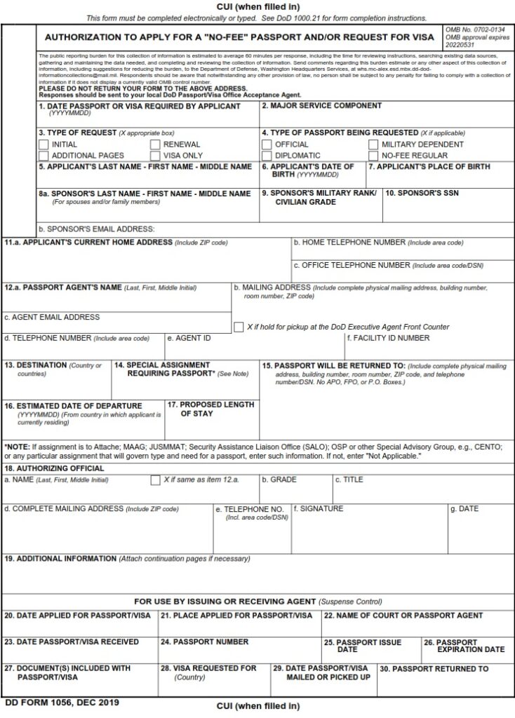 DD Form 1056 Authorization To APPLY For "NoFee" Passport And/or