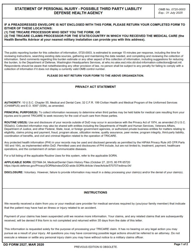 DD Form 2527 - Statement Of Personal Injury - Possible Third Party ...