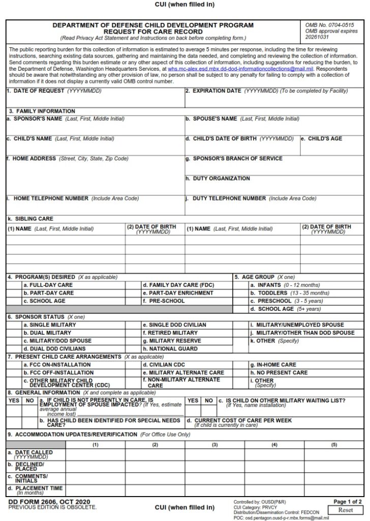 DD Form 2606 - Department Of Defense Child Development Program Request ...