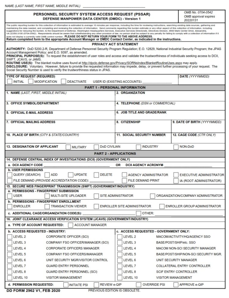 DD Form 2962v1 - Personnel Security System Access Request (PSSAR ...