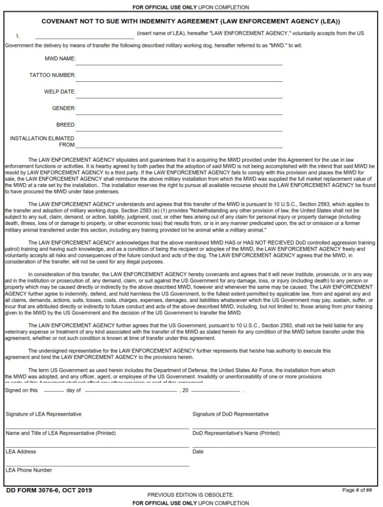 DD Form 3076-3 - Military Working Dog (MWD) Bite Muzzle Test Assessment ...
