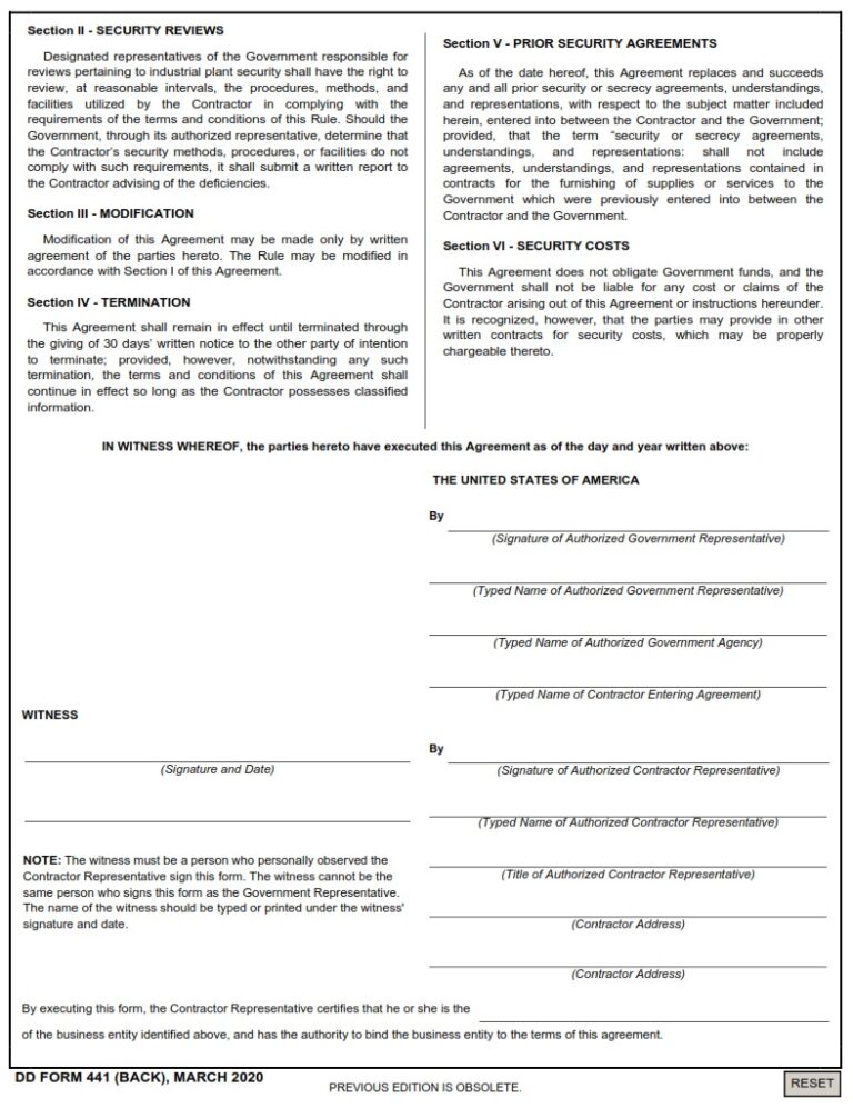 DD Form 441 - Department Of Defense Security Agreement | Free Online Forms
