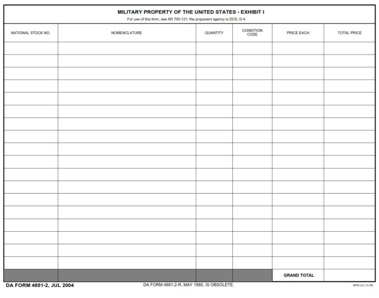 DA Form 4881-2 - Military Property Of The United States - Exhibit I ...