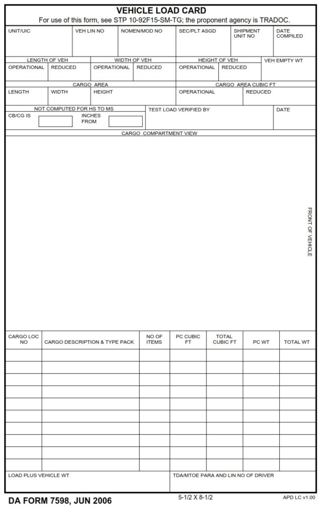 Da Form 7598 - Vehicle Load Card 