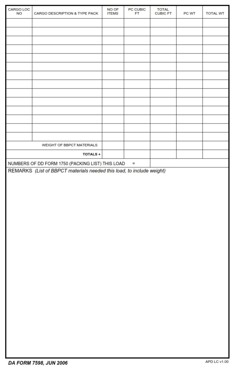 DA Form 7598 - Vehicle Load Card | Free Online Forms