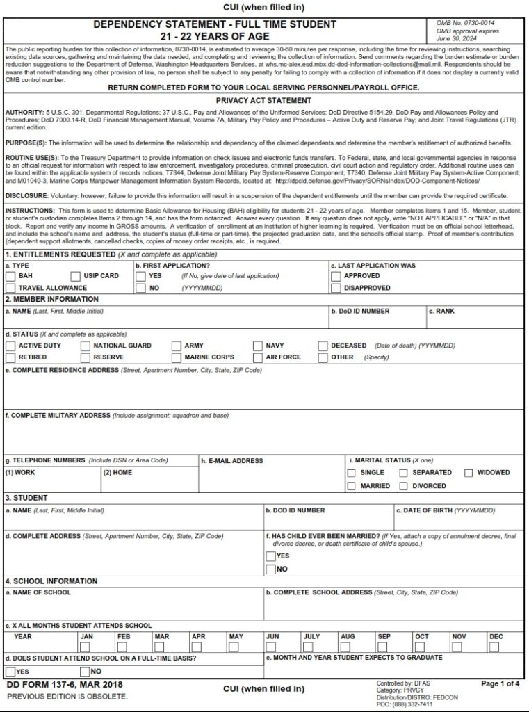 DD Form 137-6 - Dependency Statement - Full Time Student 21 - 22 Years ...