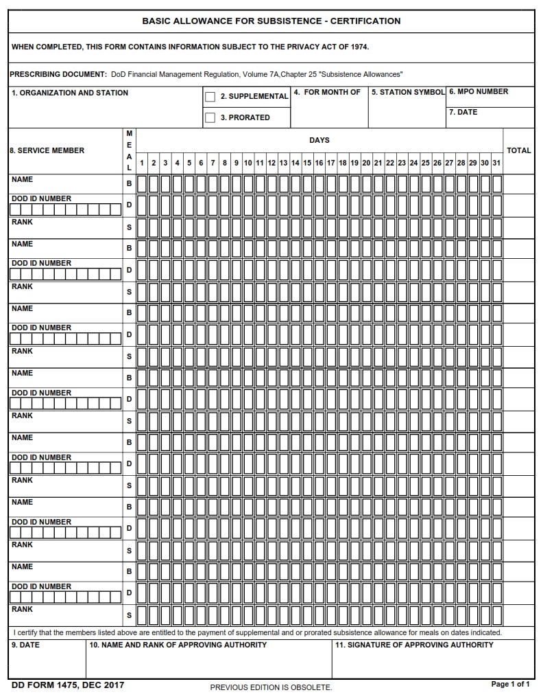 DD Form 1475 Basic Allowance For Subsistence Certification Free