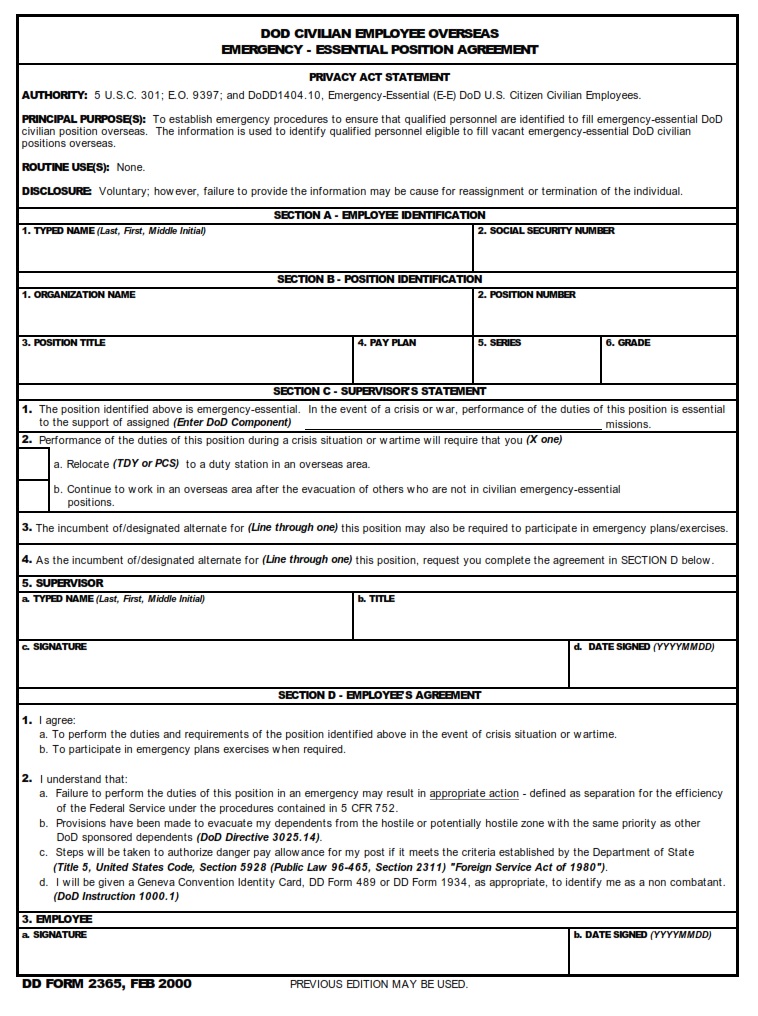 DD Form 2365 DoD Expeditionary Civilian Agreement Emergency