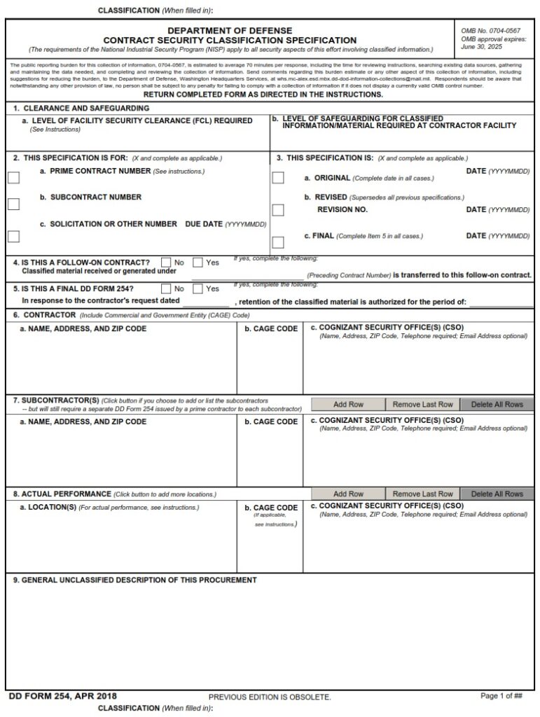 DD Form 254 - Department Of Defense Contract Security Classification ...