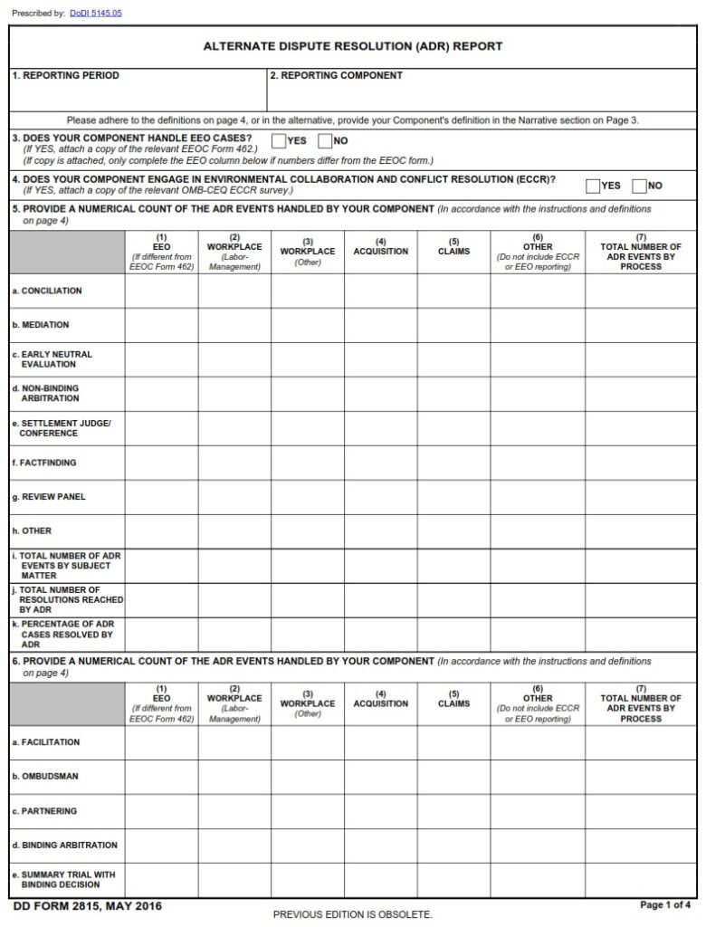 DD Form 2815 - Alternative Dispute Resolution (ADR) Report | Free ...