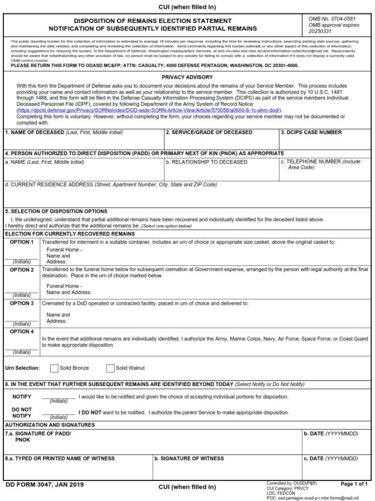 DD Form 3047 - Disposition Of Remains Election Statement Notification ...