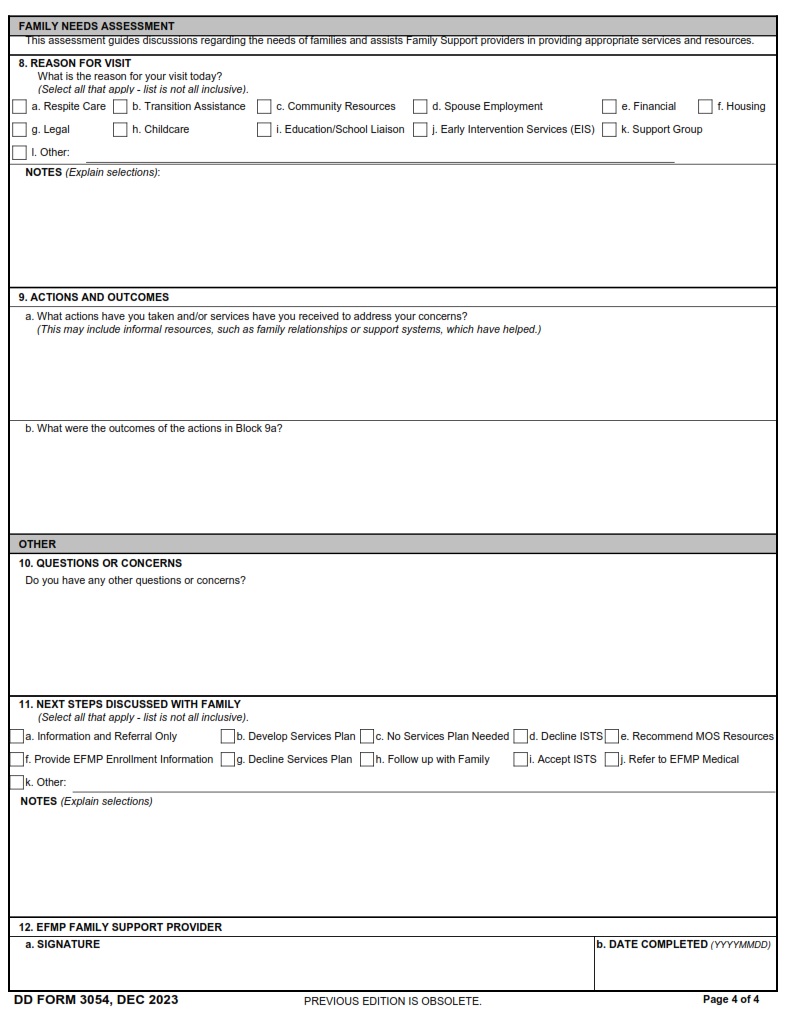 DD Form 3054 Exceptional Family Member Program EFMP Family Needs