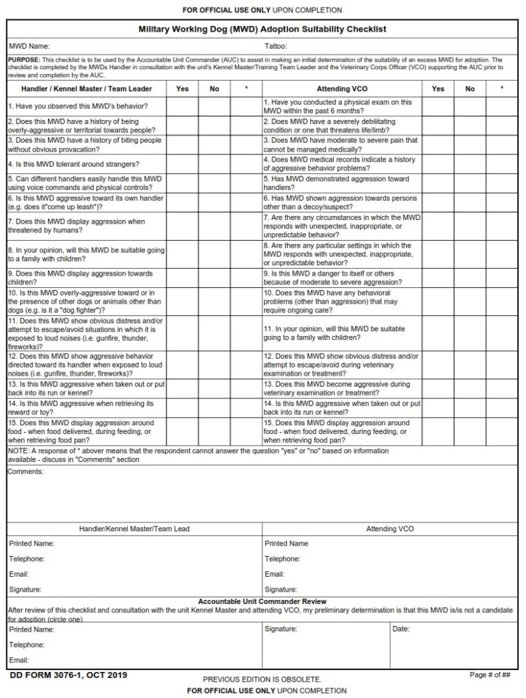 DD Form 3076-1 - Military Working Dog (MWD) Adoption Suitability ...