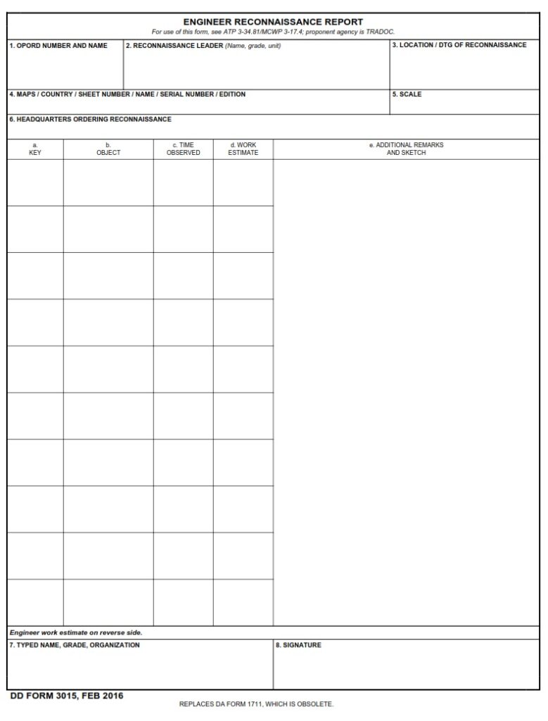 Dd Form 3015 Engineer Reconnaissance Report Free Online Forms