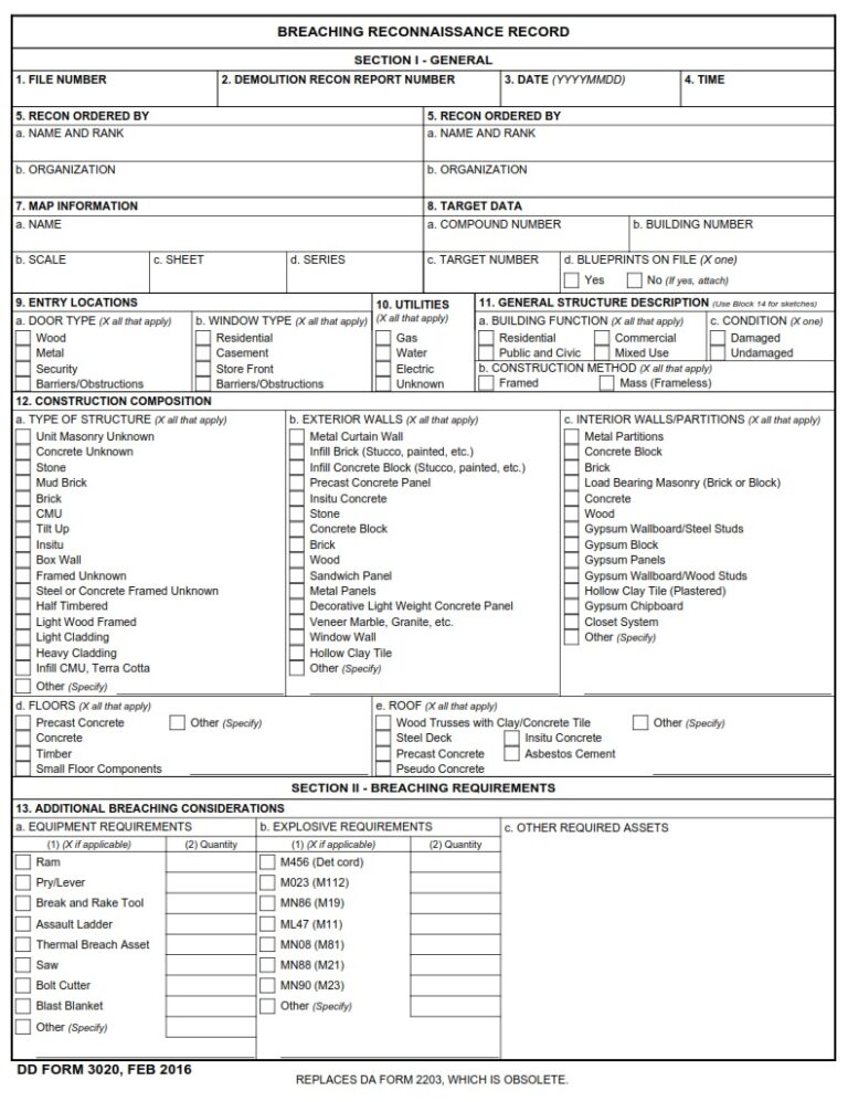 DD Form 3020 - Breaching Reconnaissance Record | Free Online Forms