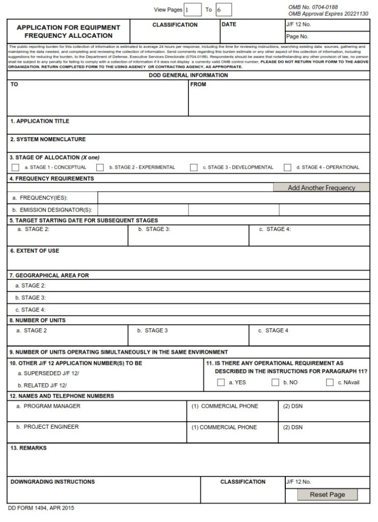 DD Form 1494 - Application For Equipment Frequency Allocation | Free ...