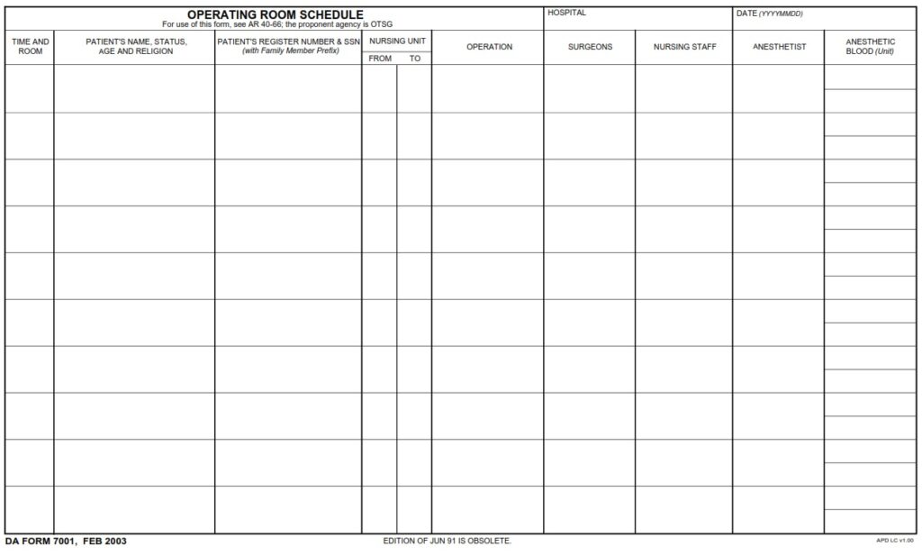 DA Form 7001 - Operating Room Schedule | Free Online Forms