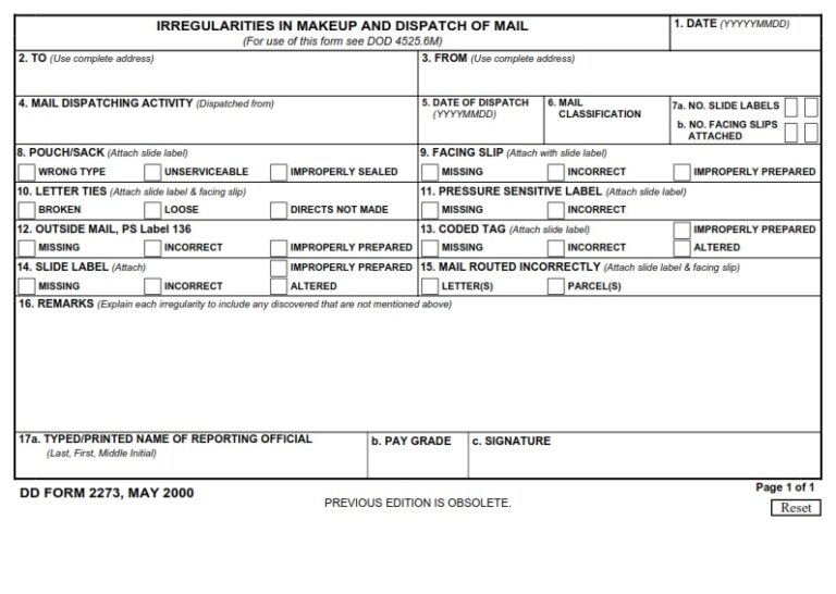 DD Form 2273 - Irregularities In Makeup And Dispatch Of Mail | Free ...