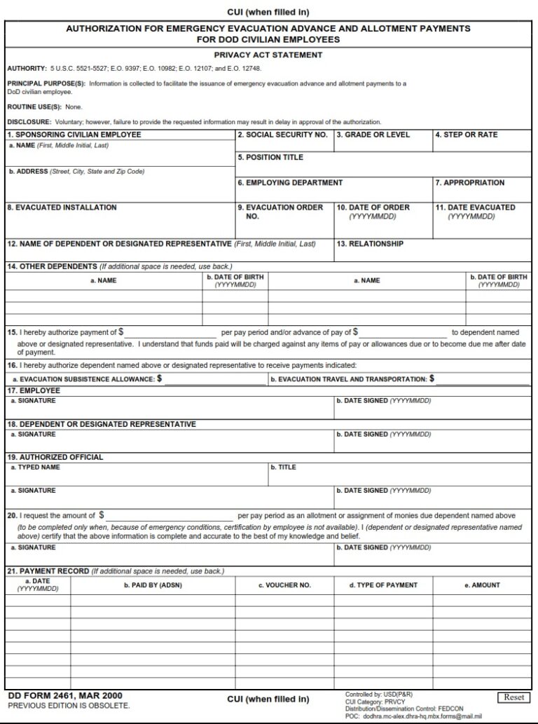 DD Form 2461 - Authorization For Emergency Evacuation Advance And ...