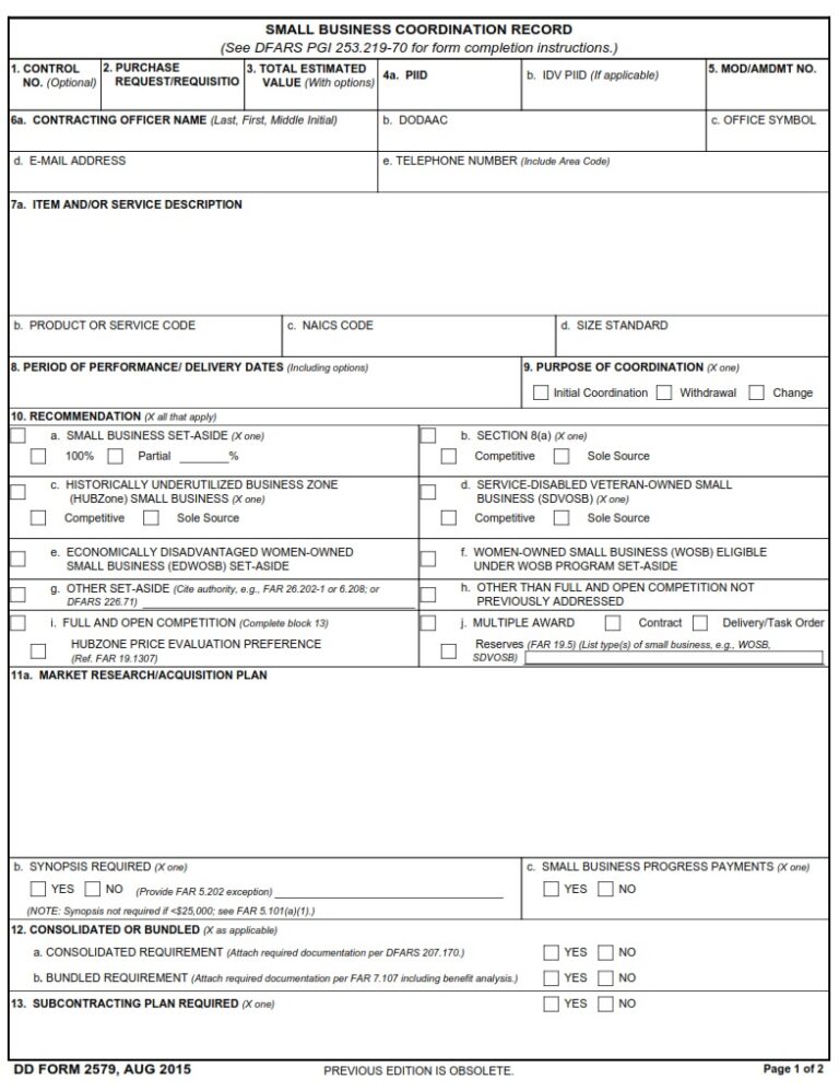 DD Form 2579 - Small Business Coordination Record | Free Online Forms