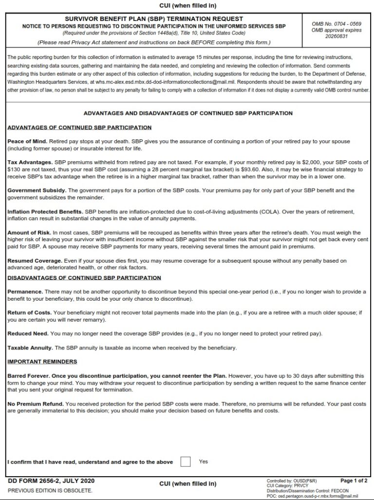 DD Form 2656-2 - Survivor Benefit Plan (SBP) Termination Request | Free ...