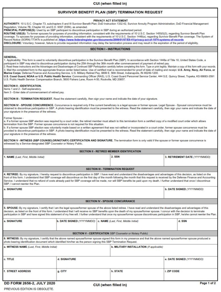 DD Form 2656-2 - Survivor Benefit Plan (SBP) Termination Request | Free ...