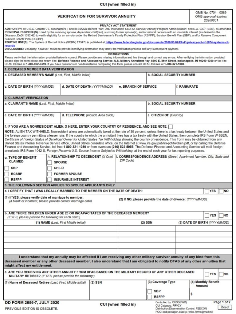 Dd Form 2656-7 - Verification For Survivor Annuity 