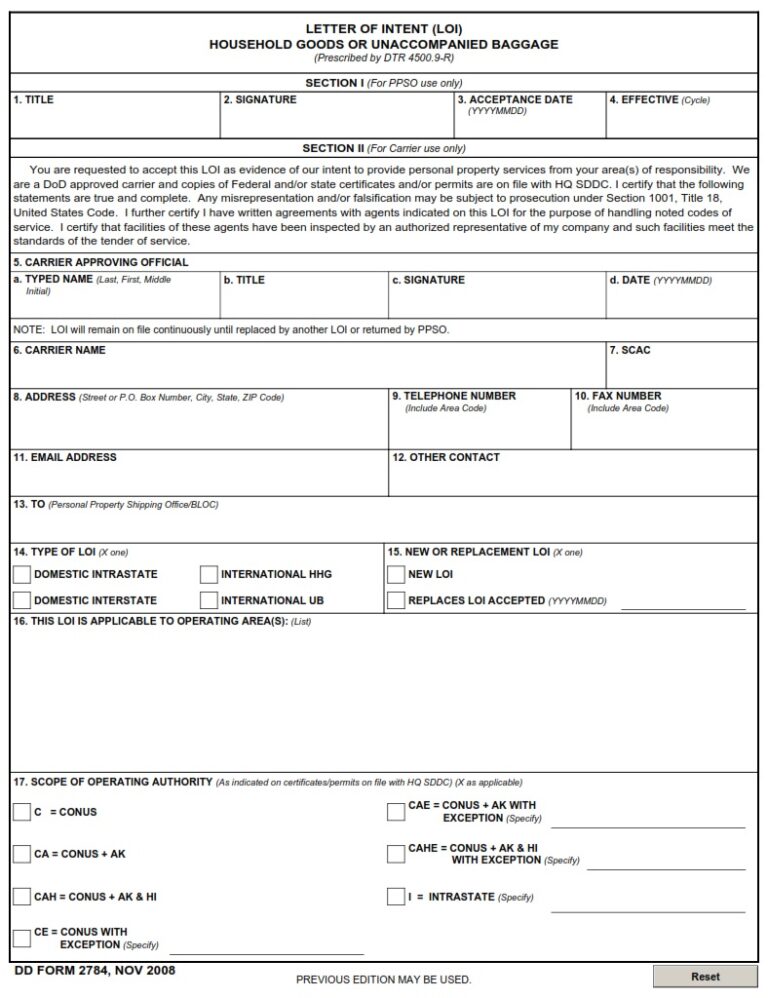 DD Form 2784 - Letter Of Intent (LOI) Household Goods Or Unaccompanied ...