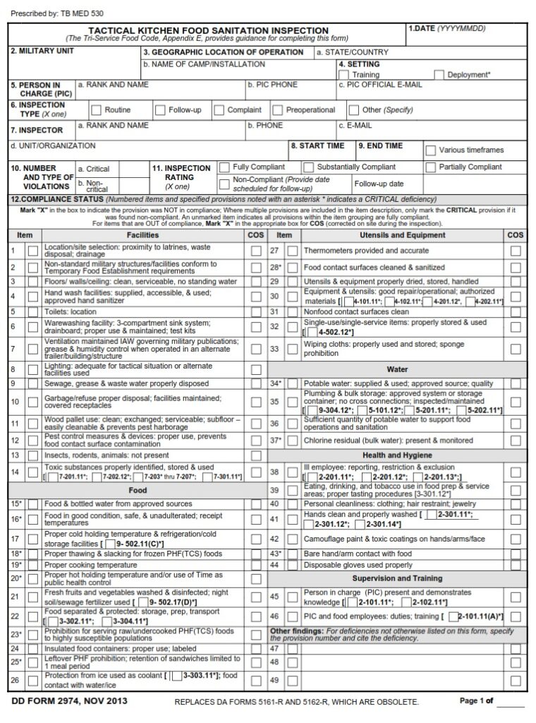 DD Form 2974 - Tactical Kitchen Food Sanitation Inspection | Free ...